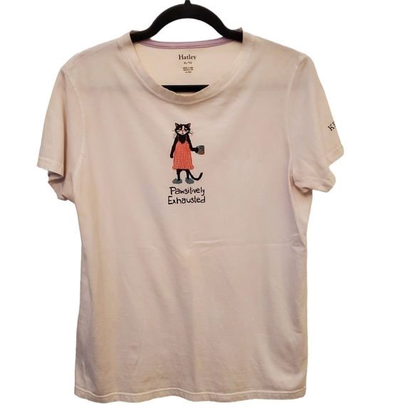 Hatley XL 100% Cotton Pawsitively Exhausted Cat Graphic Short Sleeve Tee - Picture 1 of 10